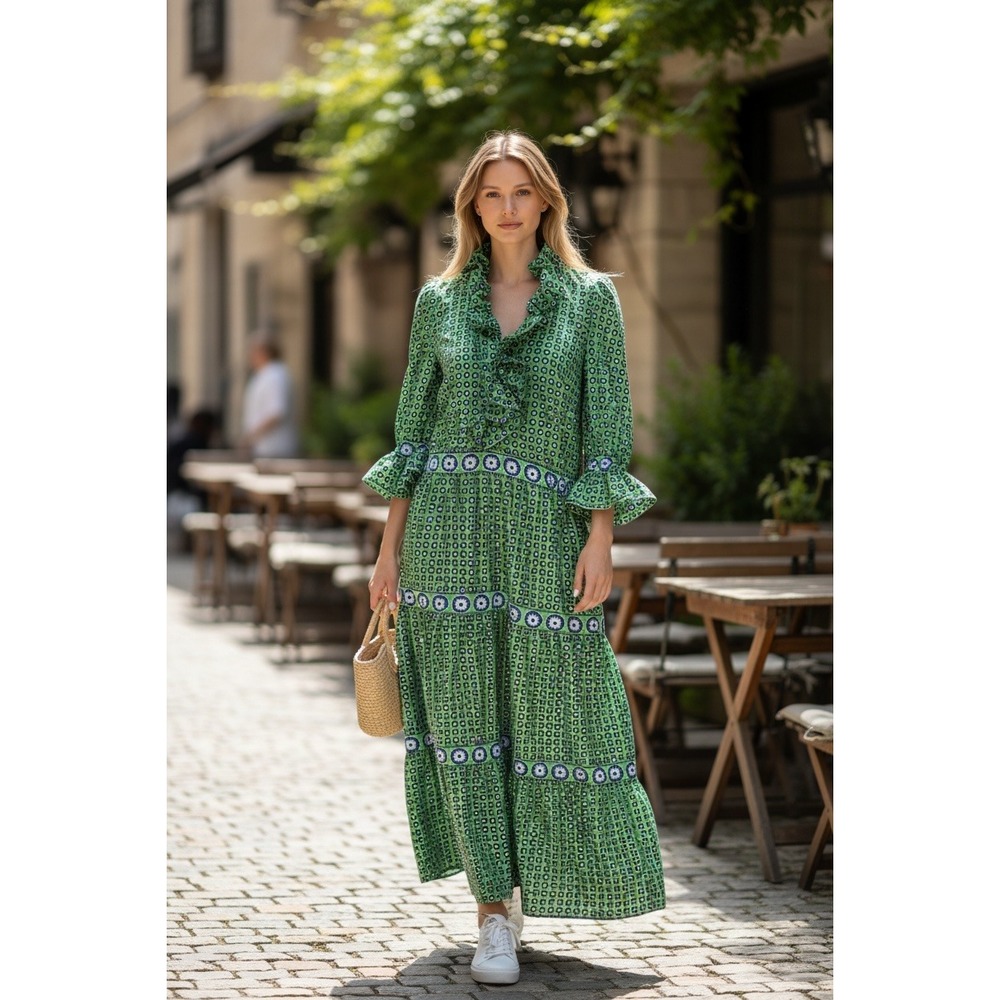 Gretchen Scott SZ Med The Posh Foulard Green Medallion Ruffle V-Neck Maxi dress - Picture 1 of 15